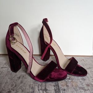 Red Faux Velvet Block Heels